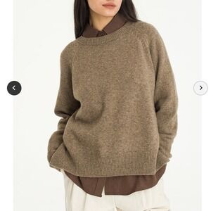 Olive Women's OS Unbalanced Wool Crew Neck Knit Mocha Light Brown Quiet Luxury